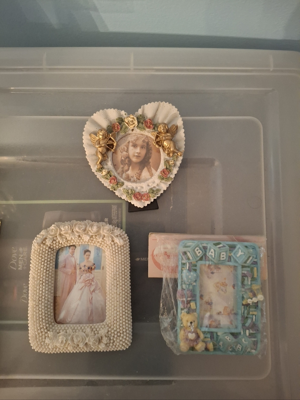 Vintage Decorative Picture Frames - Heart, Beaded White, Blue Baby Mini Frames